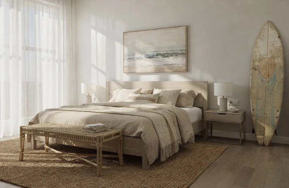 chambre adulte avec planche de surf
