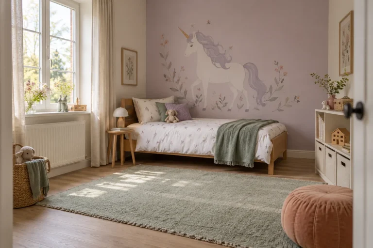 Chambre d’enfant avec décor mural licorne, lit en bois et touches lilas et sauge