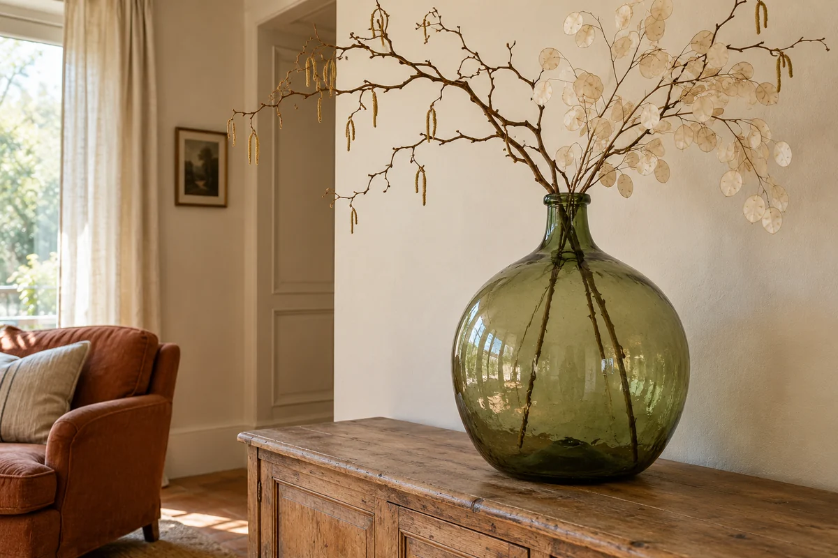 Dame-jeanne verte garnie de branches et de monnaie-du-pape sur un buffet en bois