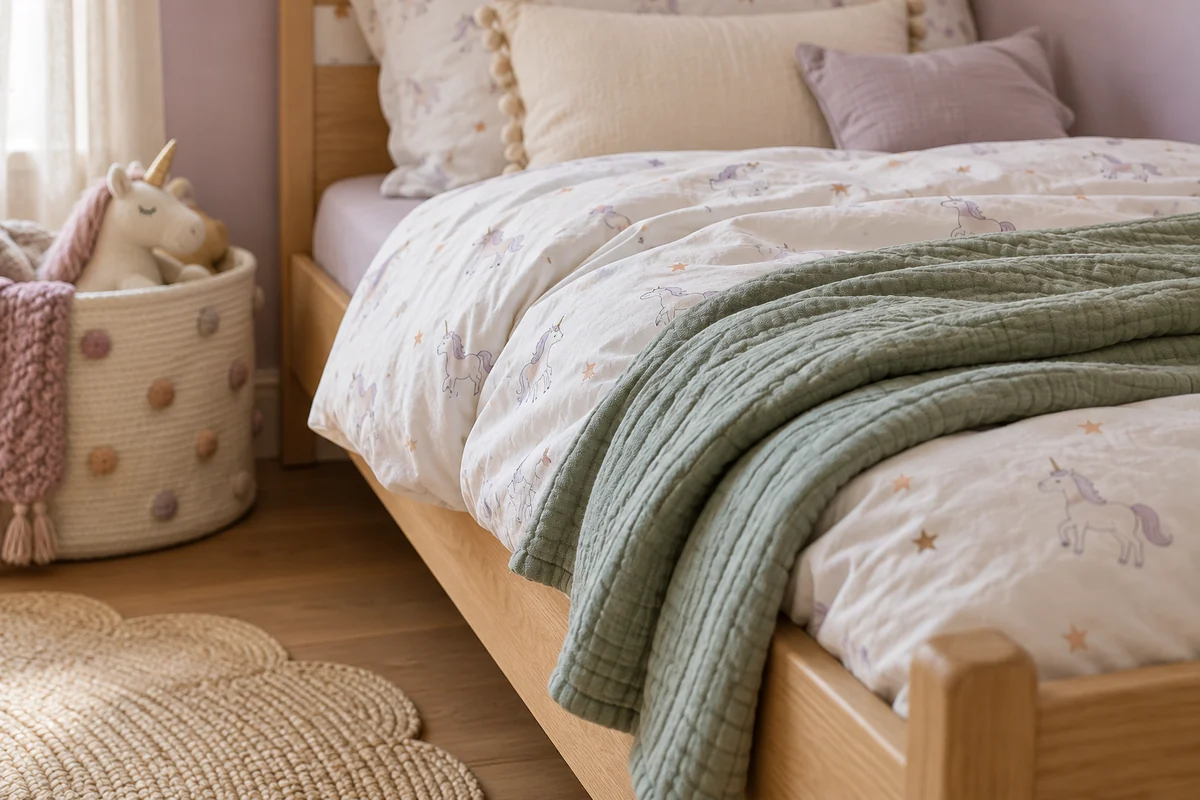 linge lit licorne Linge de lit à motifs licornes et couverture vert sauge sur un lit en bois