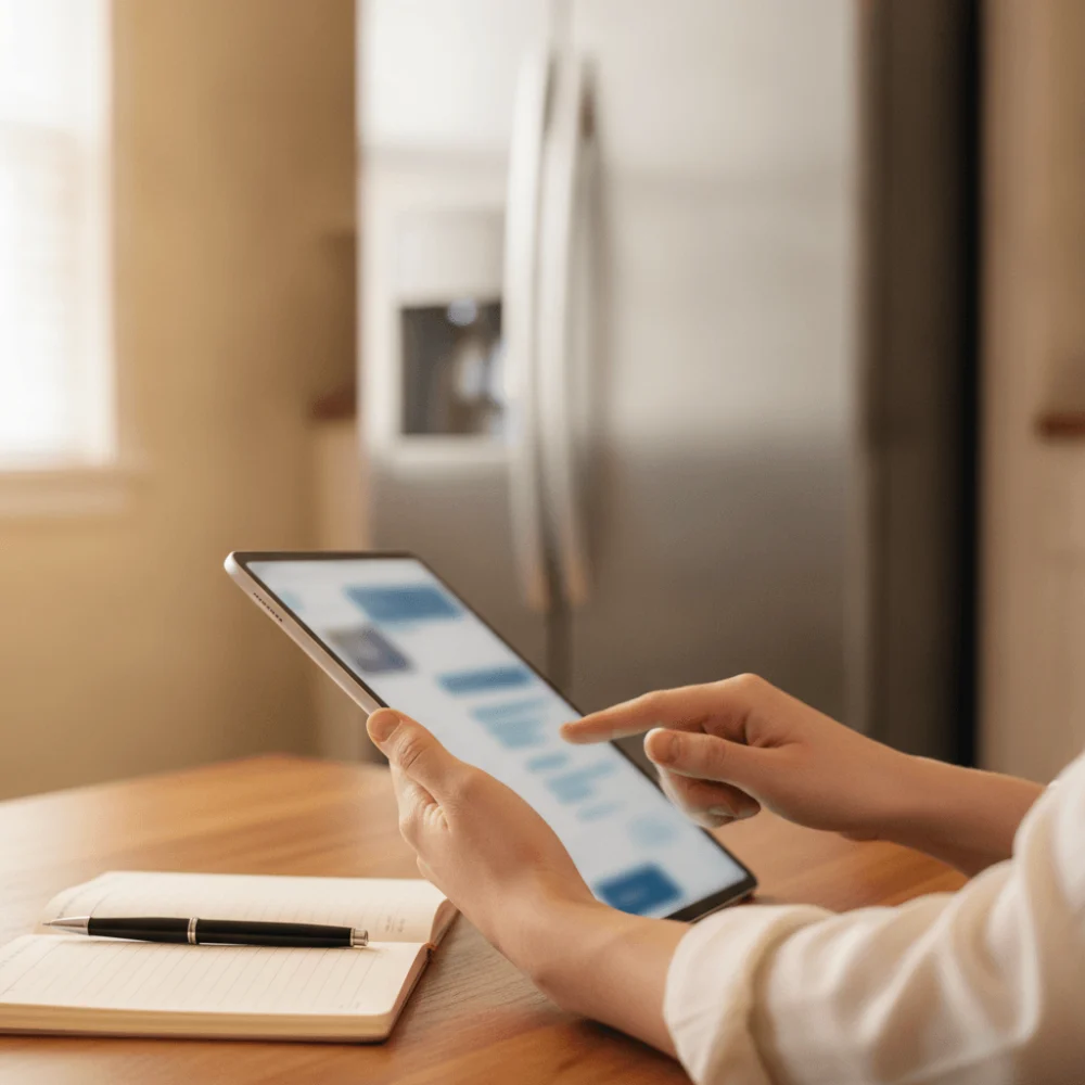 promos achat frigo americain en ligne Comparaison de prix d'un frigo américain en ligne via tablette avec l'appareil en arrière-plan