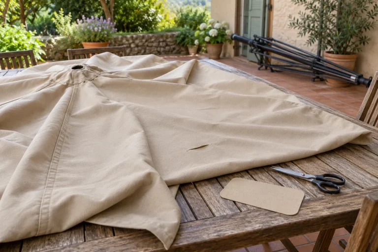 reparer toile parasol Toile de parasol beige démontée sur une table, avec un accroc et une pièce de renfort
