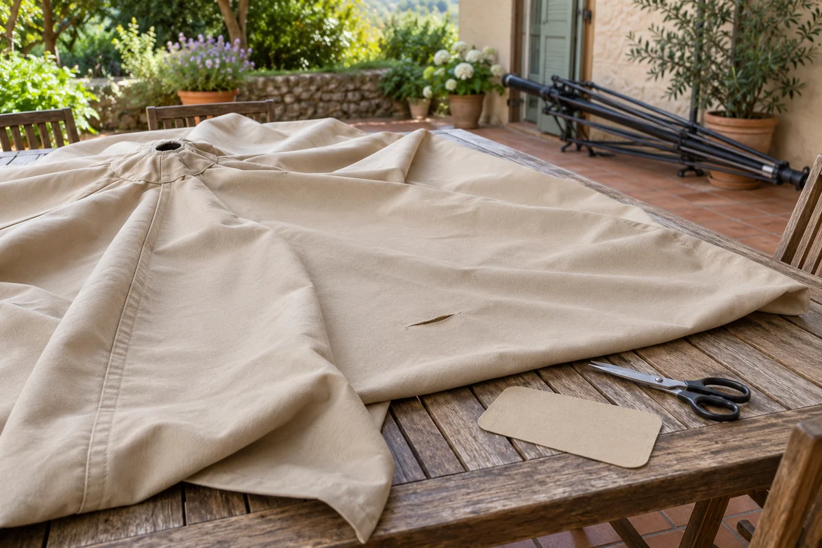 Toile de parasol beige démontée sur une table, avec un accroc et une pièce de renfort