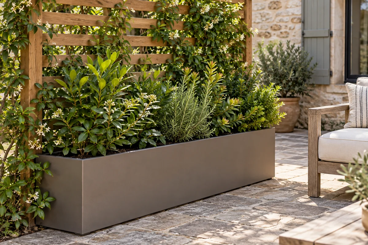 terrasse bac plante treillage Grand bac planté devant un treillage en bois à côté d’un fauteuil de terrasse