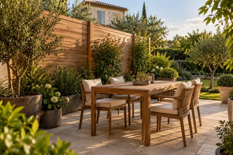 Terrasse avec coin repas protégé par une palissade en bois et des plantes