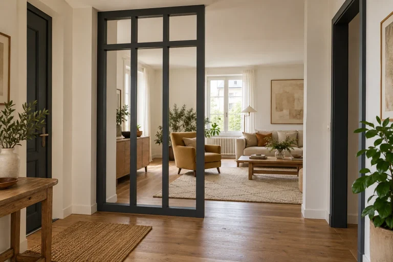 verriere sans verre entree Séparation ouverte en bois anthracite entre une entrée et un salon, sans vitrage